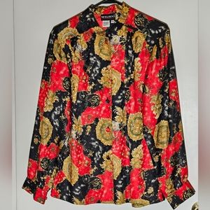 Vintage Notations Imported Golden Floral Oriental Blouse Women's size 10